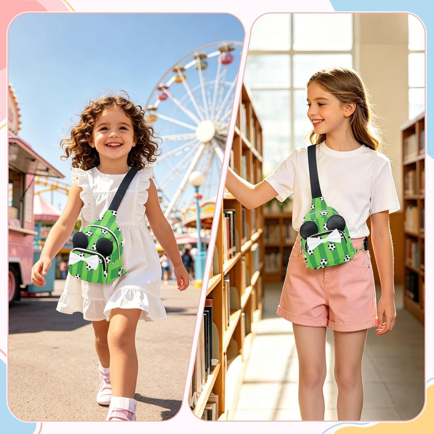 Sinestour Soccer Balls Kids Crossbody Bags for Girls, 7.5x3.1x5.7Inches | Crossbody Fanny Pack, Toddler Purse, Cute Sling Belt Bag with Ears, 2L Small Shoulder Chest Bag for Travel