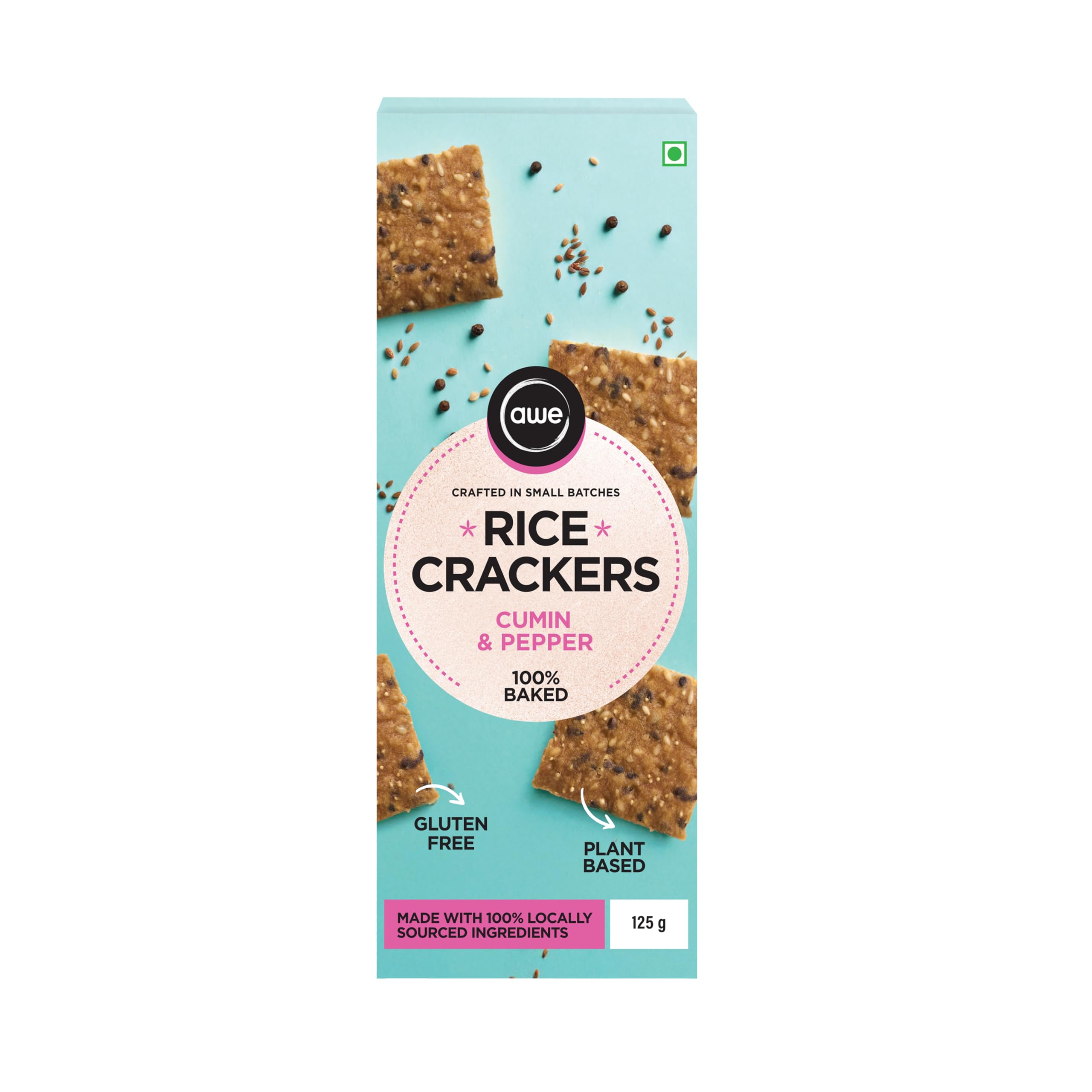Awe Foods | Rice Crackers Cumin & Pepper | Spicy Gluten-Free Vegan Snack | Baked Not Fried | Natural Ingredients | Perfect with Chutneys & Hummus | 125g