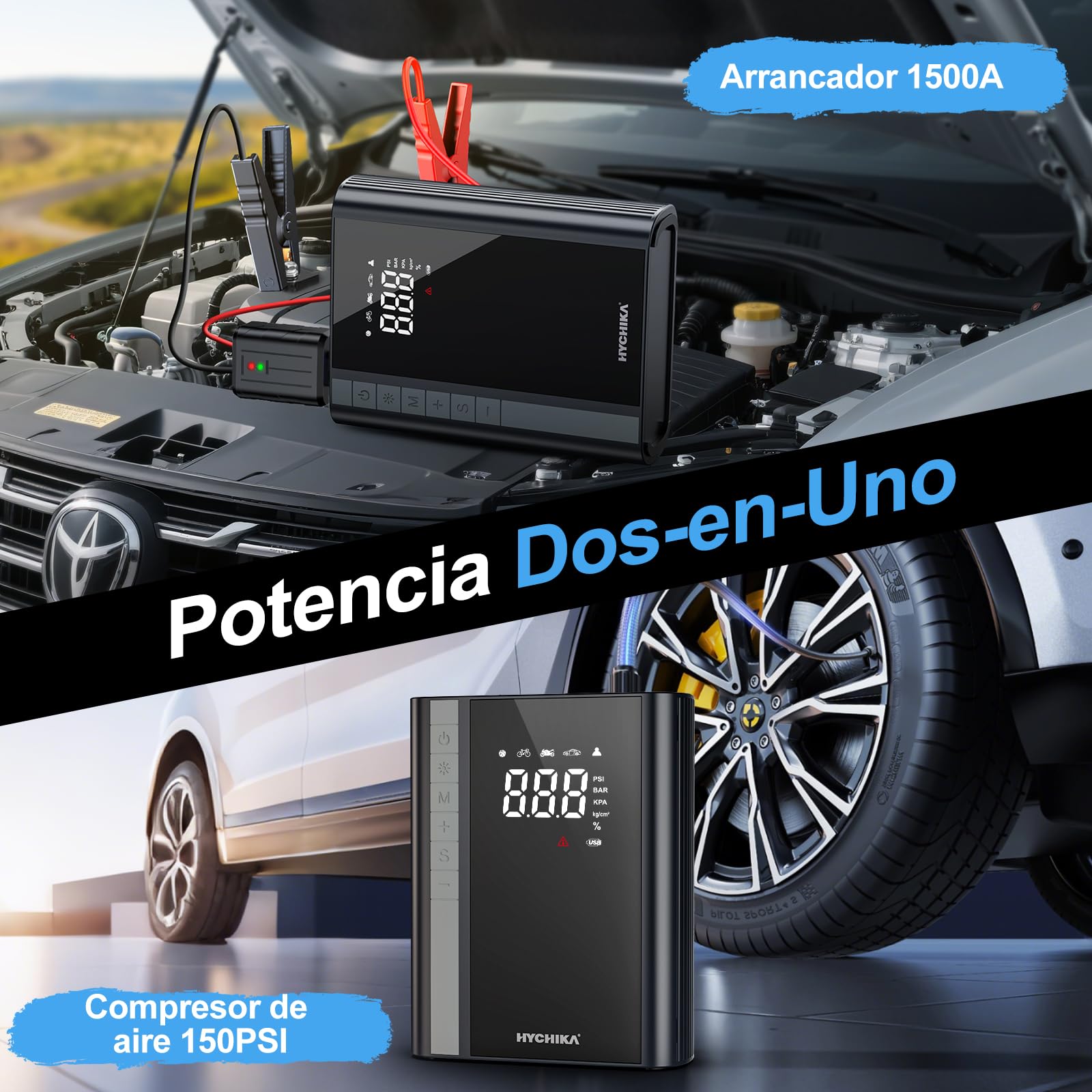 HYCHIKA Arrancador de Coches - Arrancador de Baterias de Coche con Compresor de Aire Carga Rápida/Luz LED de 600 lúmenes(para 6L Gas o 4L Diesel) 1500A 12V Jump Starter