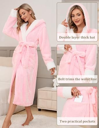 Long Bath Robe for Womens - Plush Soft Fleece Spa Bathrobes Cozy Warm Nightgown Ladies Pajamas Sleepwear with Pockets