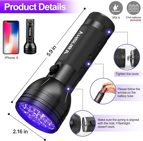 Miniatura 6 de Vansky Linterna UV de luz negra, detector de orina de mascotas de 51 LED mejorado para orina de perro y gato, manchas secas, chinches de cama, a