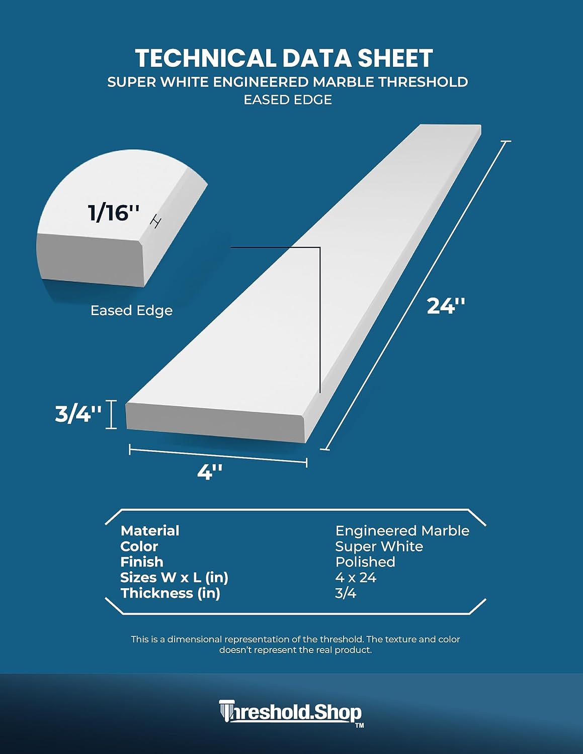 Super White Engineered Marble Threshold for Shower Curb, Bathroom Vanity Backsplash, Window Sill, Door Transitions (4" x 24")