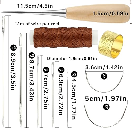 Miniatura 2 de Juego de 22 agujas de coser de cuero con hilo encerado, hilo encerado de 39.4 ft con agujas de coser a mano, aguja curvada para tapicería,