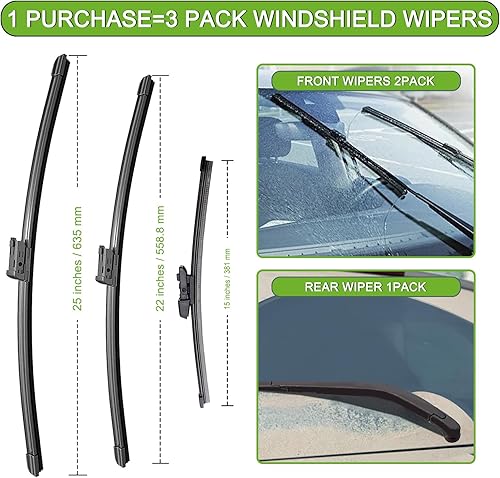Miniatura 3 de PARRATI Limpiaparabrisas para VW Tiguan 2018-2022, 25 + 22 pulgadas delantero y 15 pulgadas trasero, repuesto de equipo original, silencioso y sin