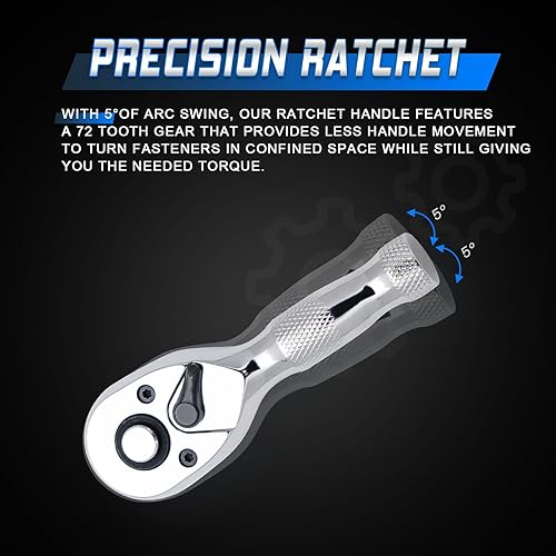 Miniatura 6 de Ryrura Mini llave de trinquete rechoncha de 14 pulgadas, llave de vaso de 14, liberación rápida de 72 dientes, reversible, acero de aleación de