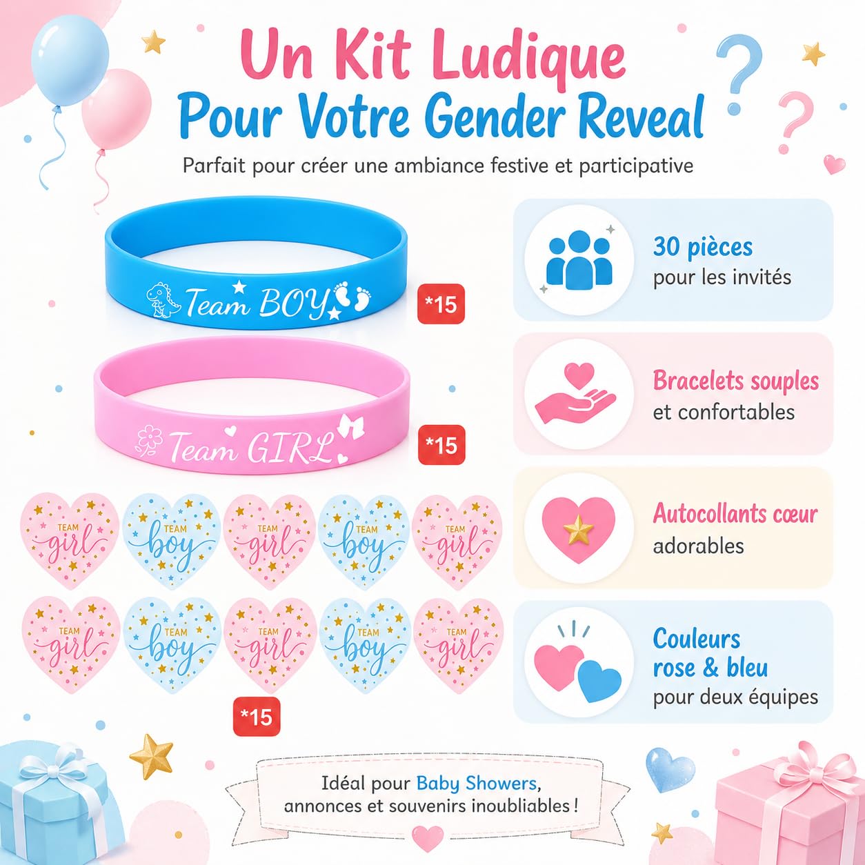 Kit de Révélation de Genre 60 Pièces avec Bracelets Silicone et Autocollants Cœur pour Annonce Grossesse