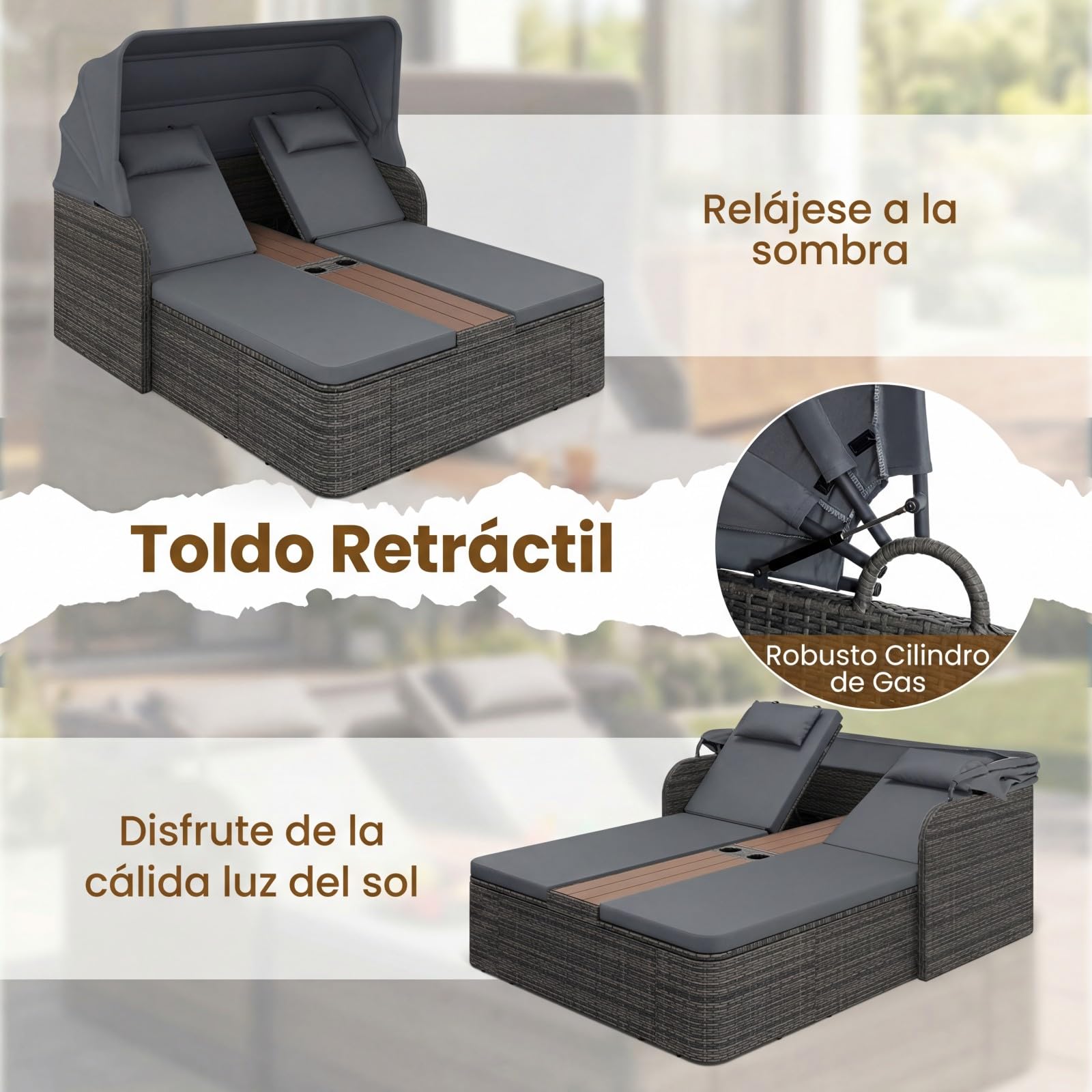 COSTWAY Tumbona Doble Jardin Exterior, Cama Balinesa de Ratán con Toldo Retráctil y Respaldos Ajustables, Tumbonas Piscina para 2 Personas con Mesa Central y Porta Vasos para Jardín Piscina (Gris)