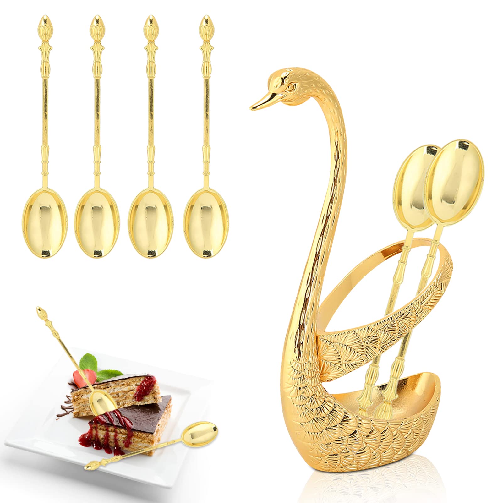 Set 6 Cucchiaini Da Caffè Con Porta Cucchiaio A Forma Di Cigno: Posate In Acciaio Inox E Lega Di Zinco, Eleganti Per Dessert E Tè - 2