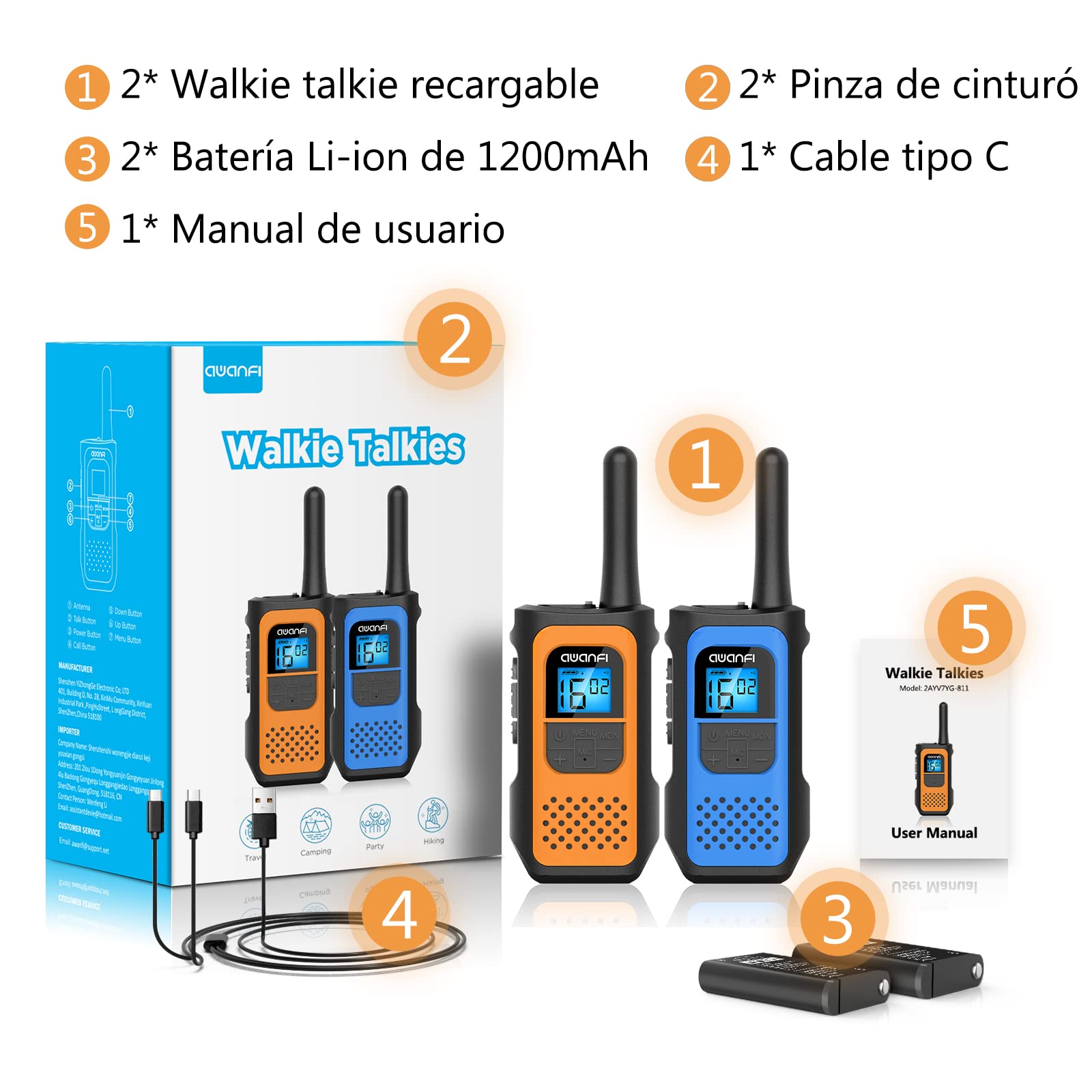 Walkie Talkie 1200mAh 16-Kanałowy Zestaw Radiowy z Akumulatorem i Kablem Ładującym Typu-C