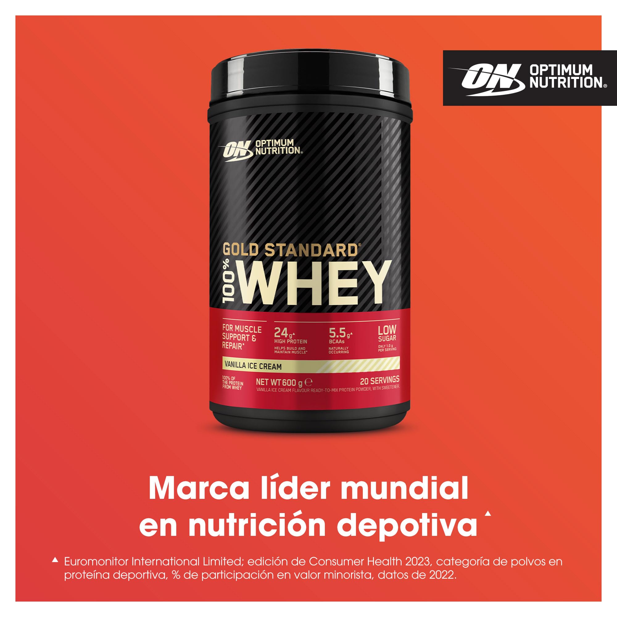 Optimum Nutrition Gold Standard 100% Whey, Proteína en Polvo, Sabor Helado de Vainilla, 600g, 20 Servicios