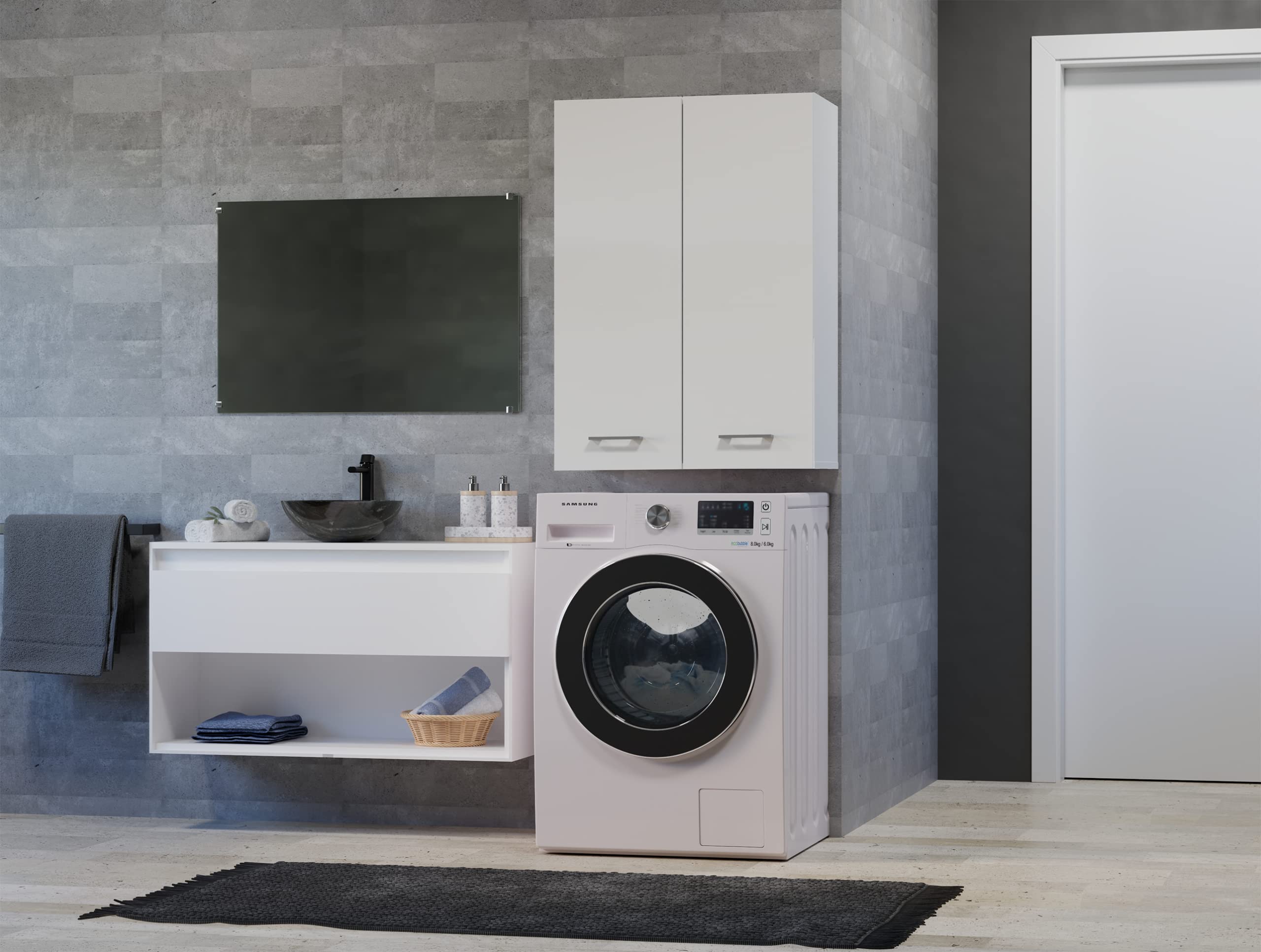 CDF Mobile Bagno Pensile Sospeso Sopra Lavatrice Scaffale a Muro con Ante Lunghe 4 Ripiani Chiusi Lavanderia 64 x 90 x 30 cm - Bianco