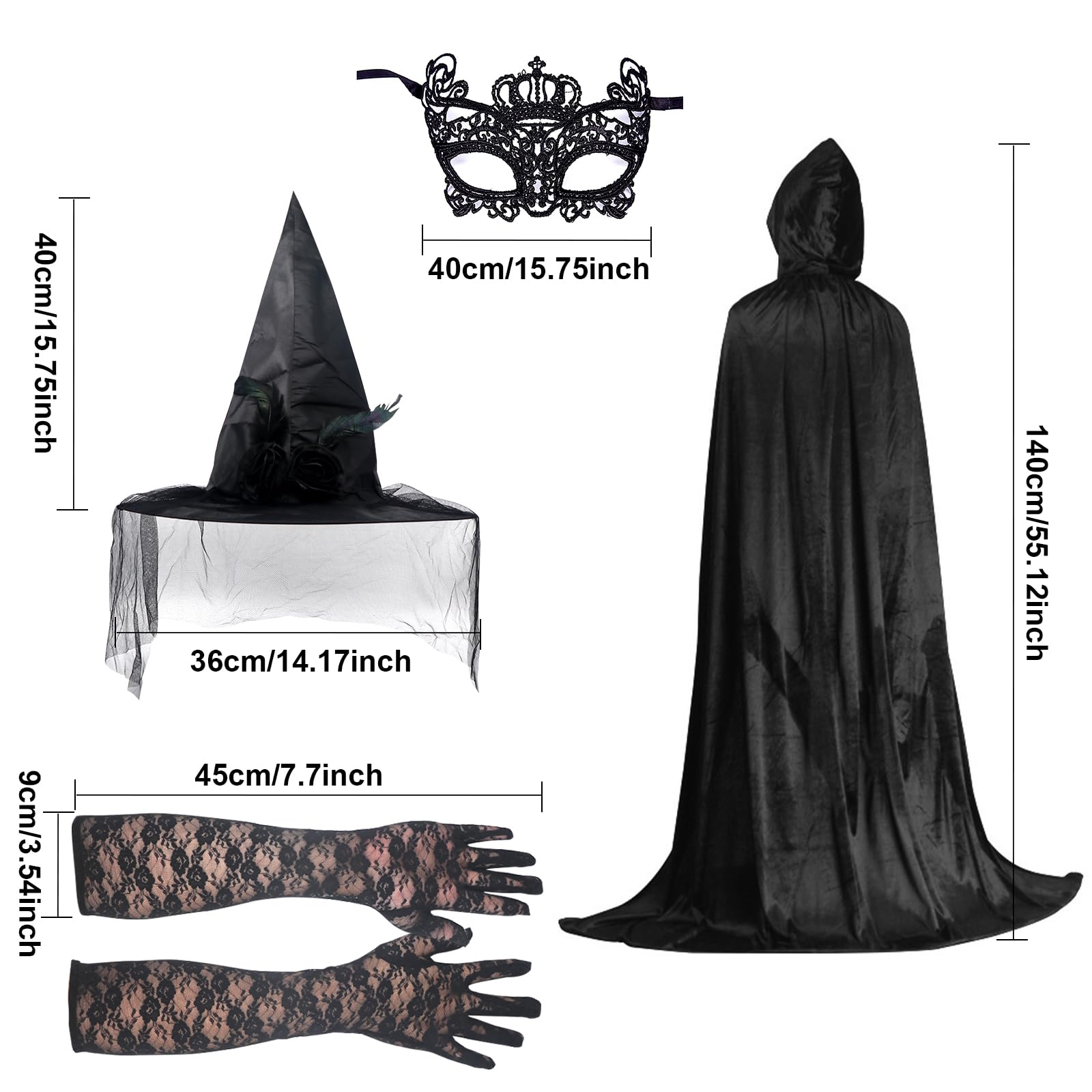 Celebration Directre Halloween Witches Costumes for Women Black Hooded Cloak Velvet Cape Lace Long Gloves Witch Hat Lace Masks Cosplay Accessories for Halloween Masquerade - Image 2