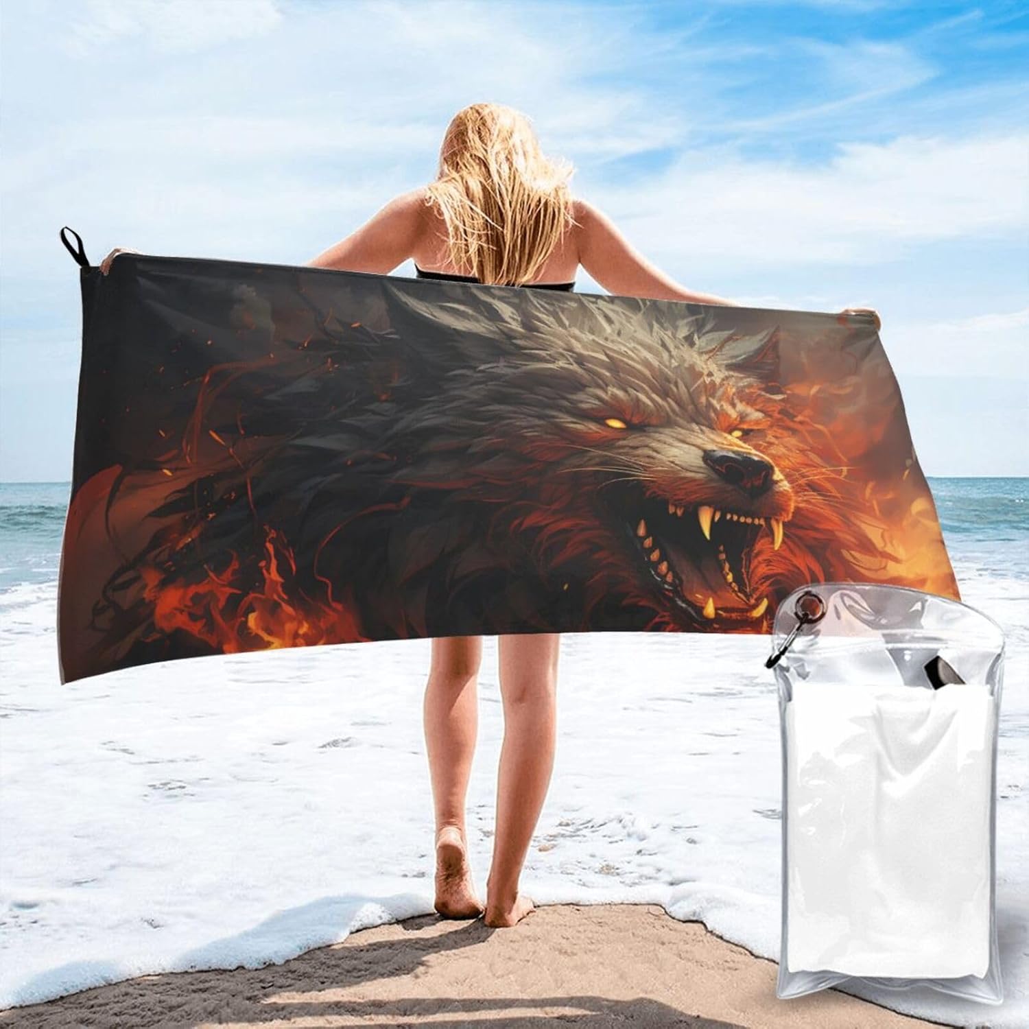 Beach Towel Wild Wolf in The Fire Microfiber Quick Dry Towel for Swimming Oversized Absorbent Bath Towels Beach Accessories Pool Towels for Gym Yoga Travel Sports Camping 27.5″x55″