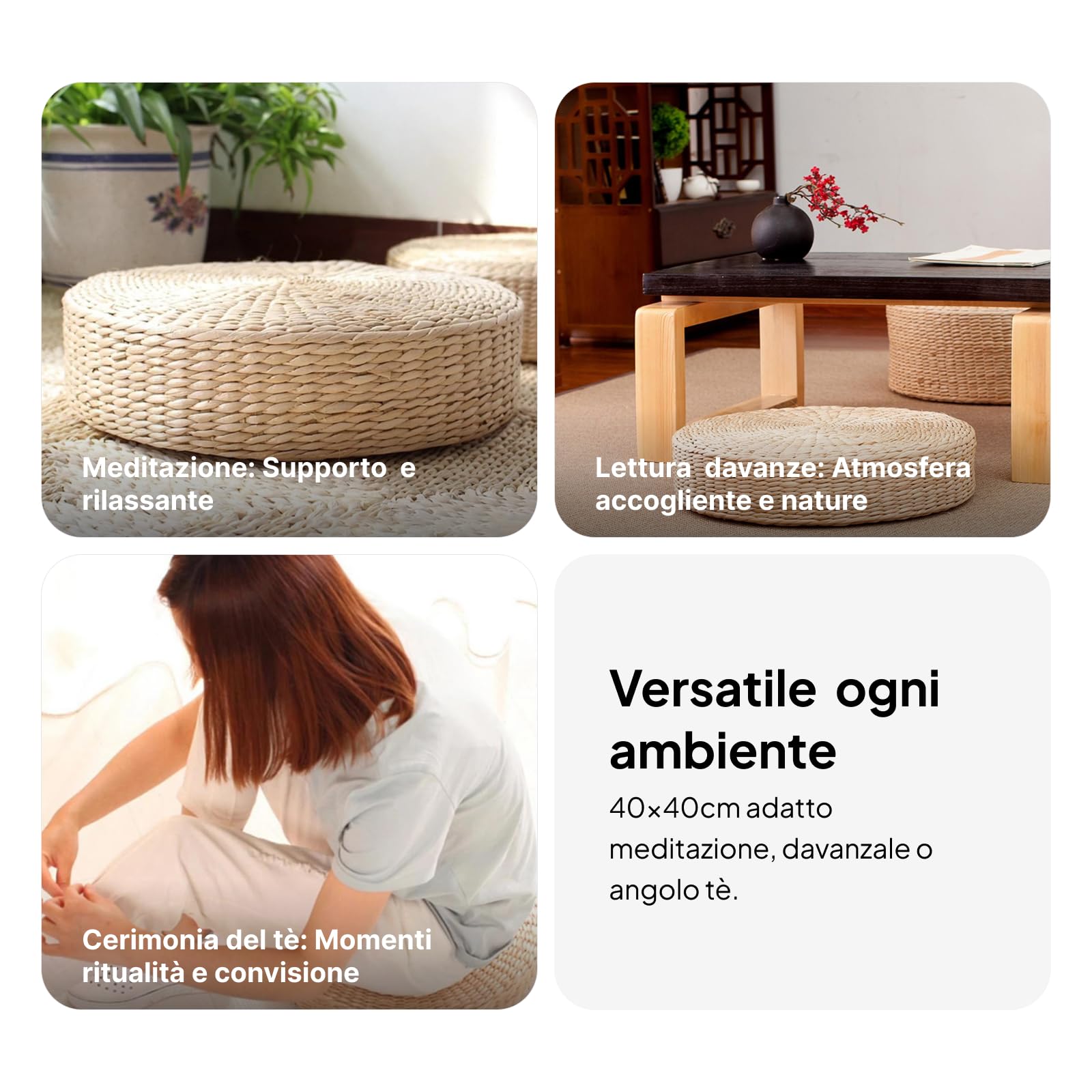 2x Tatamo 40x40cm, Cuscini Da Pavimento Rotondi, Tappetini per Pavimento in Paglia per Esterni, Tappetino Tatami Giapponese, Tatami Pouf Mat per Sedie, Pavimenti, Sedie Pranzo, Divano