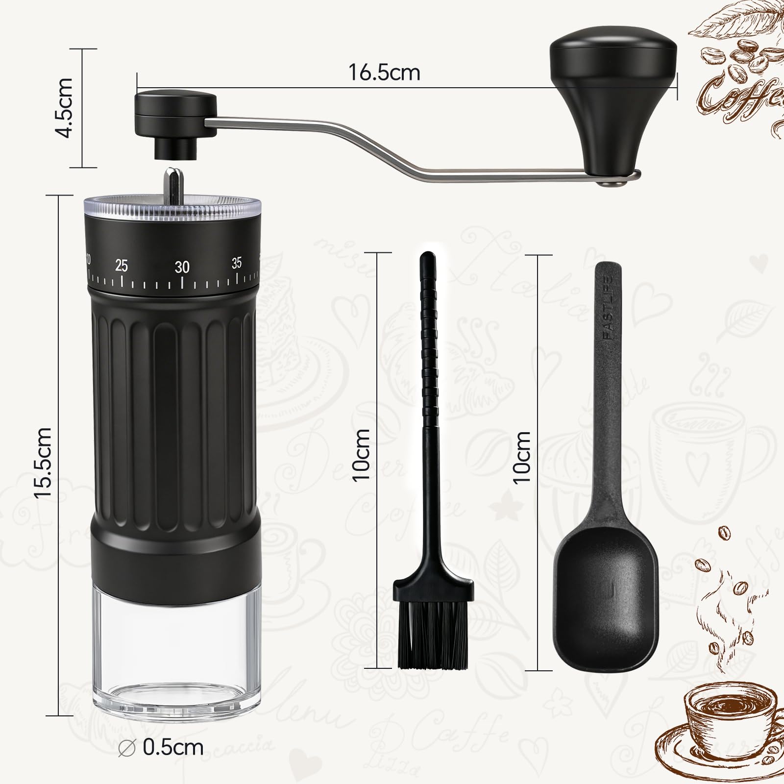 Molinillo de café manual, Molinillo portátil de mano con cuchara, cepillo y bolsa de transporte, cuenta con 40 ajustes externos de molienda, Ideal para preparar espresso y café de vertido