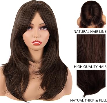 20Inch Long Straight Brown Layered Synthetic Hair Wigs, Long Layered With Bangs Straight Synthetic fiber Shoulder Length Hair for Daily Use Party Wig, Ladies Fancy Dress Wig Synthetic Hair-Wigs