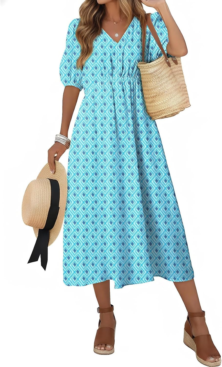 Dokotoo Women's Summer Short Sleeve V Neck Casual Boho Dresses Elastic High Waist Floral Flowy Maxi Dresses with Pockets