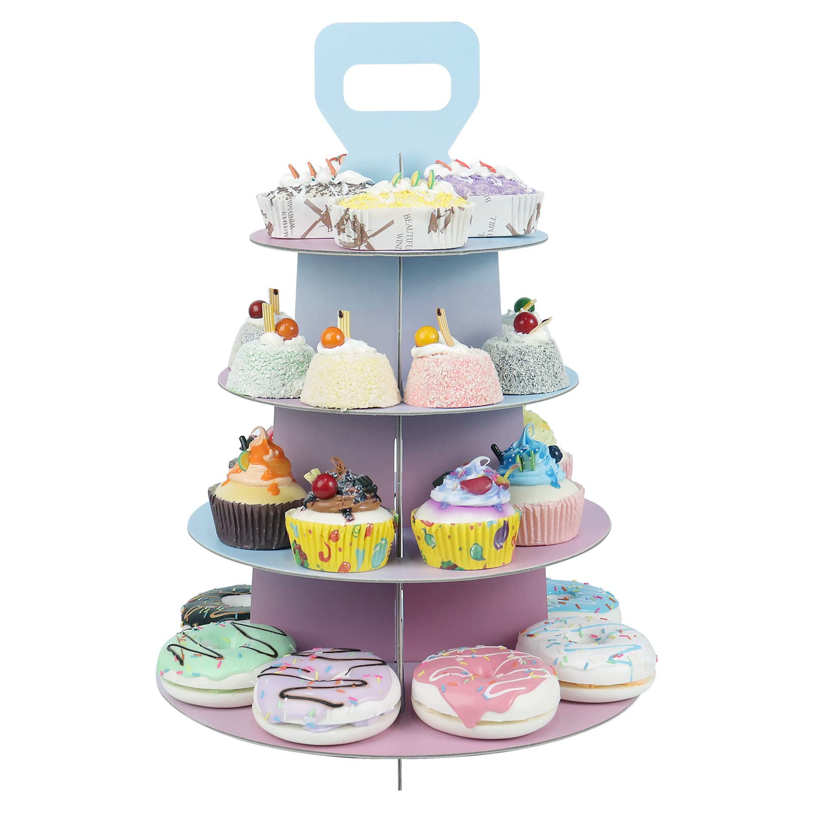 Dezhier 4 Tier Cupcake Stand (2 Pack) - Multi-color Disposable Tower for 24 Cupcakes - Ideal for Parties, Birthdays, Baby Showers - Sturdy Cardboard Display Stand with Handle