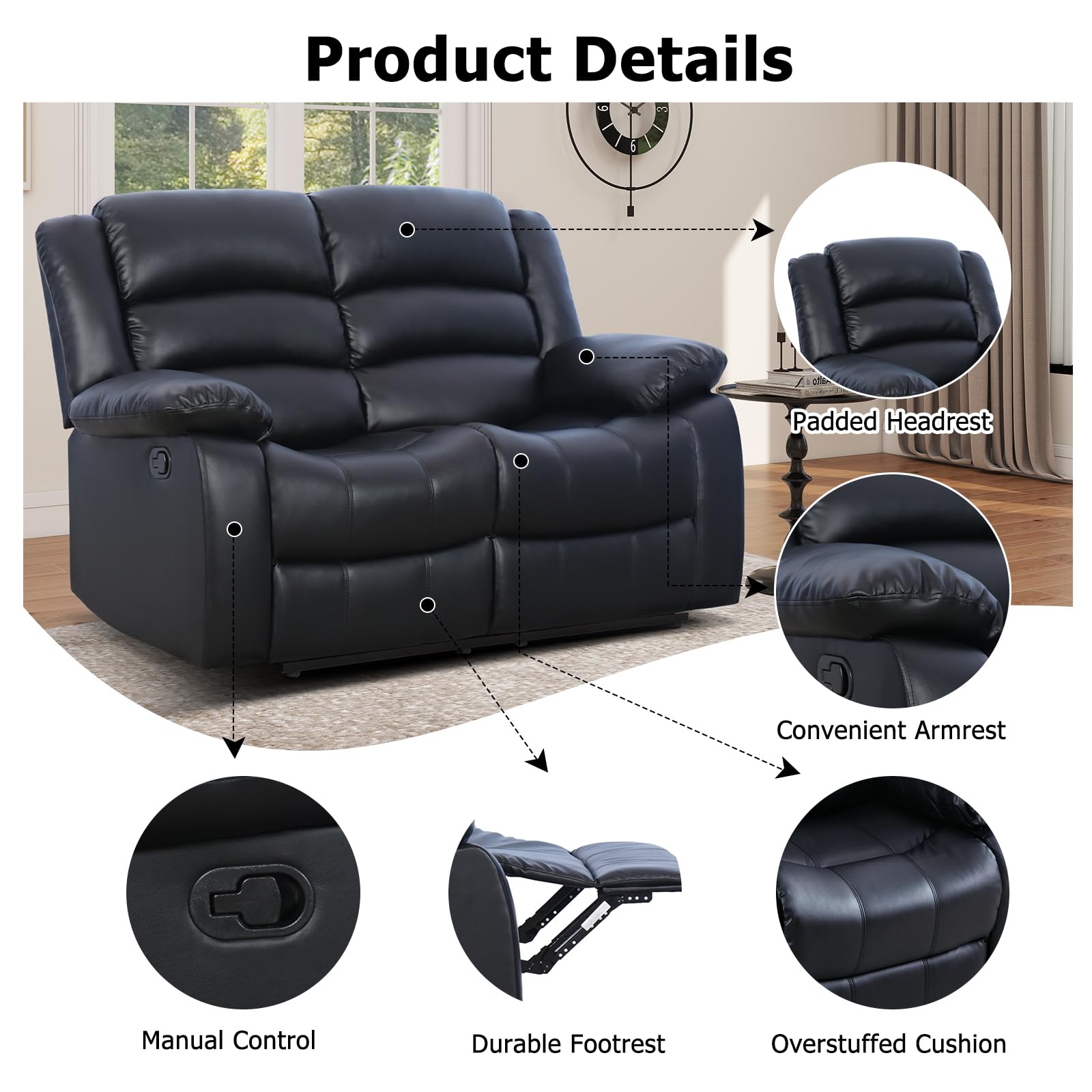 EBELLO Manual Loveseat Recliner Sofa, Faux Leather Reclining Couch with Overstuffed Arms and Back, Double Seat Recliner Couch for Living Room, Meeting Room, Black view 3