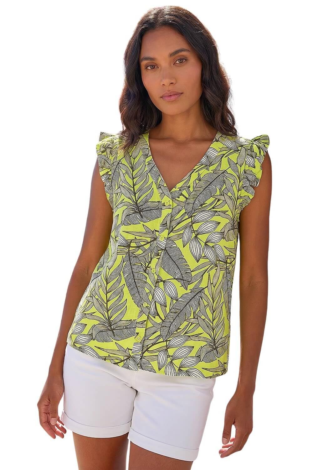 Roman Women's Lime Tropical Print Frill Sleeve Vest Size 18