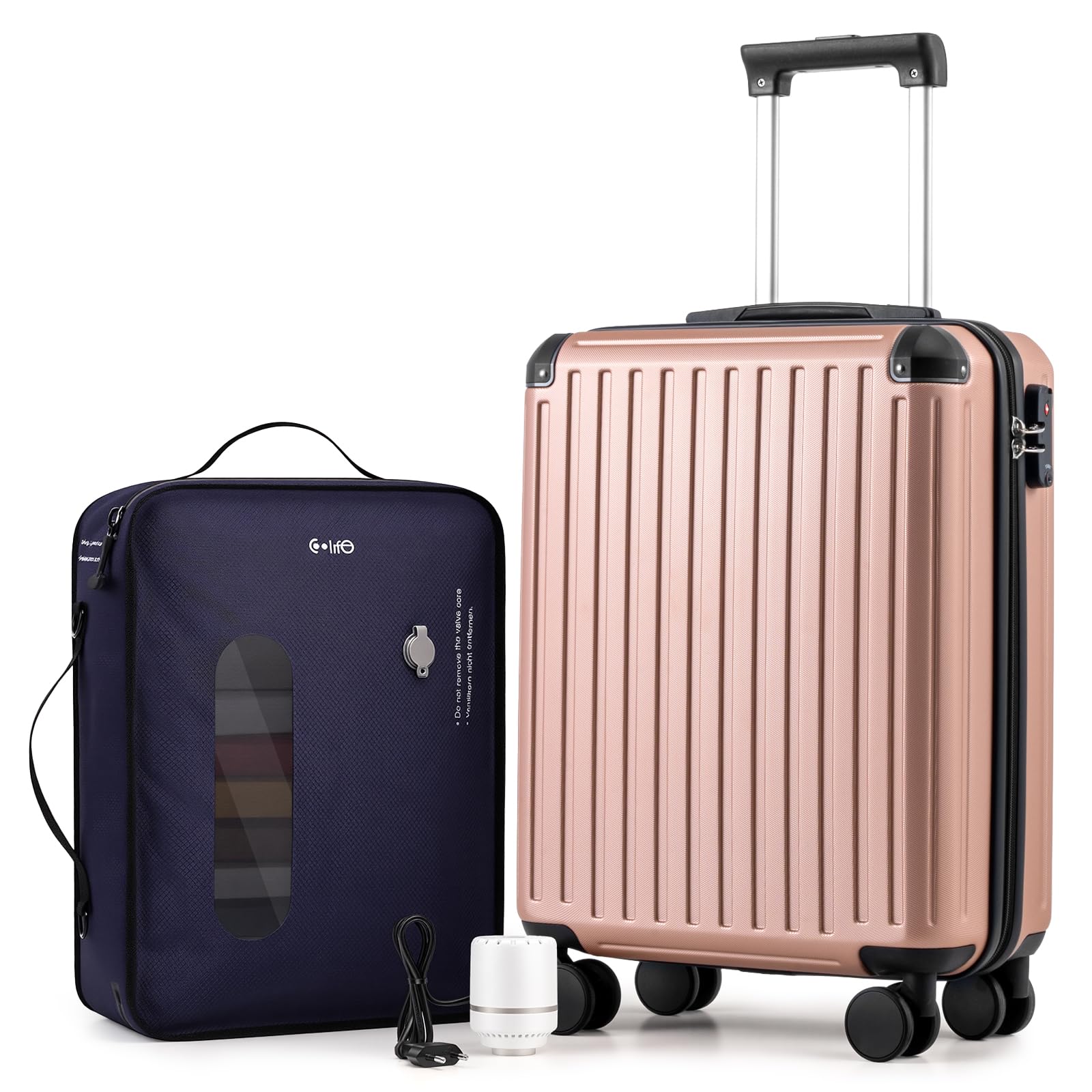 COOLIFE Easyjet Vakuum Handgepäck Koffer 55X40X20cm + Vakuumbeutel für Kleidung +60% mit Pumpe | ABS+PC Hartschalenkoffer mit TSA-Schloss und 4 Zwillingsrollen Für Ryanair, Grenzüberschreitende Reise