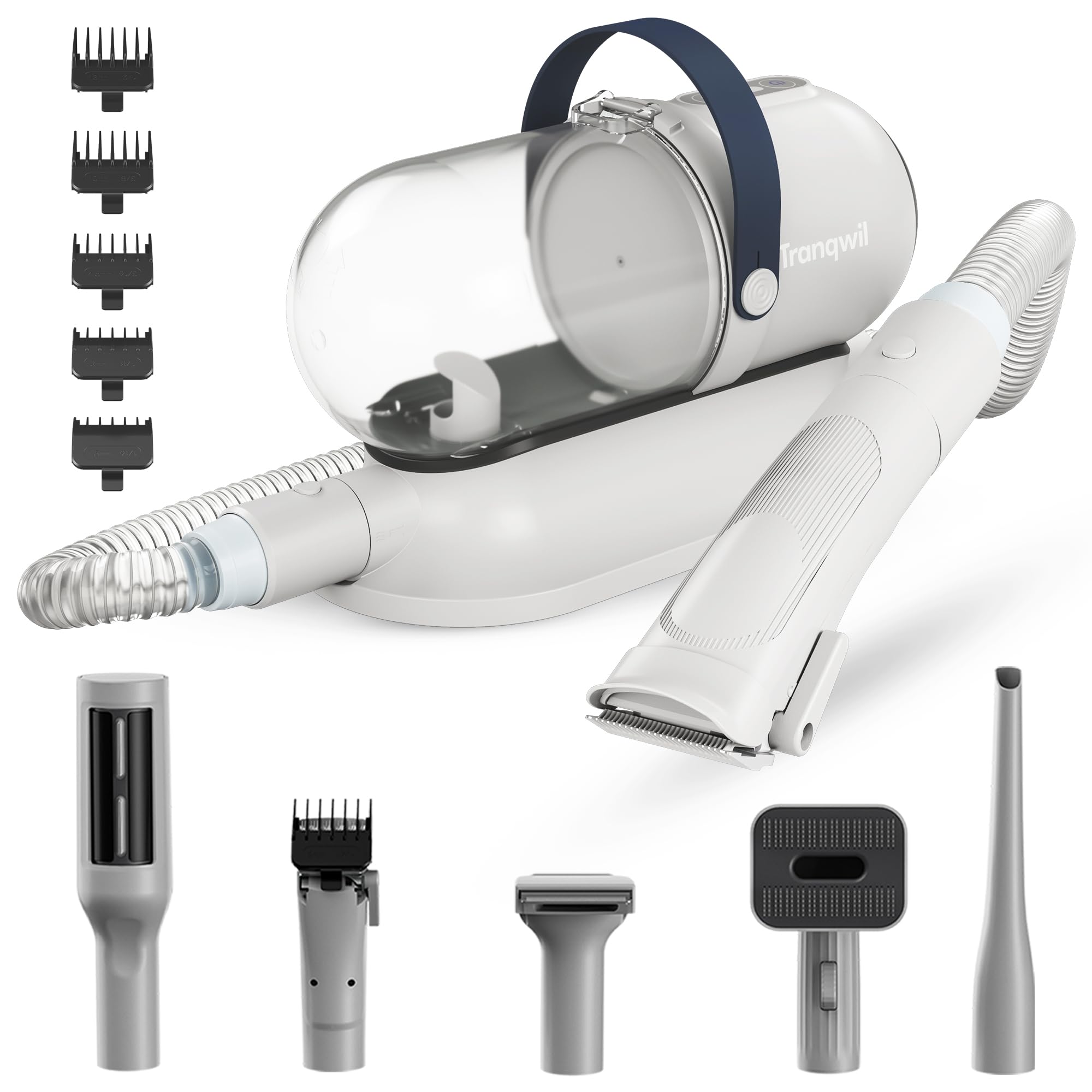 tranqwil dog grooming vacuum kit - 7 grooming tools, 1.5l capacity, 11kpa suction power, quiet & efficient pet hair vacuum for dogs & cats