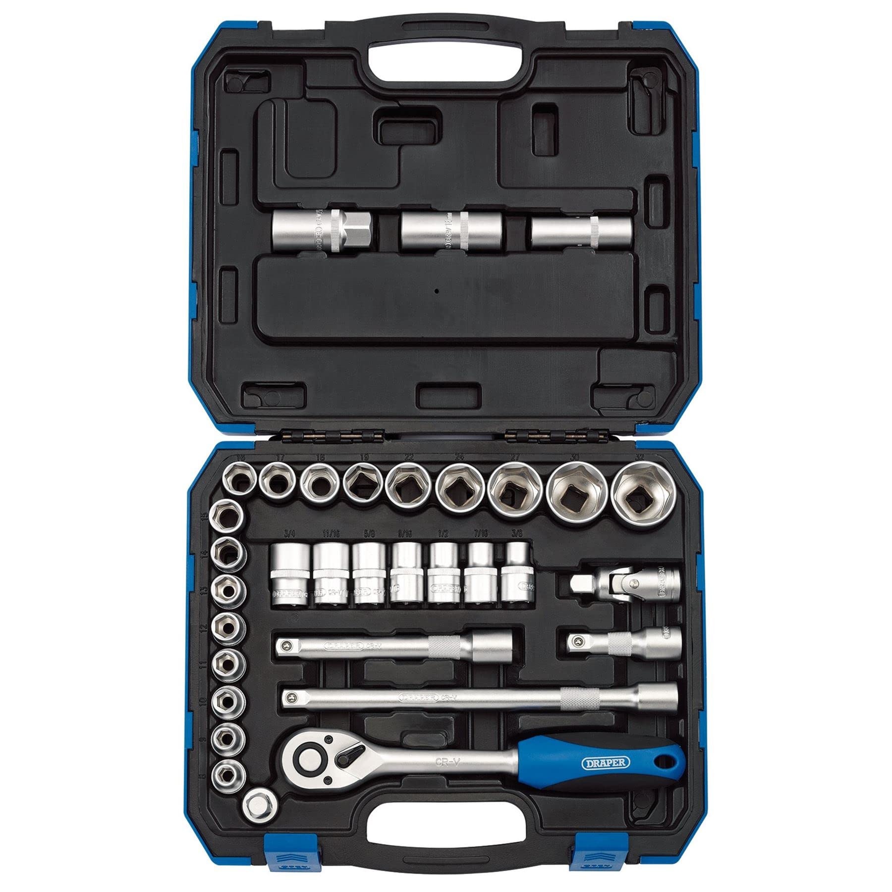 Draper 16363 - Set di chiavi a bussola MM/AF da 1/2", utensile manuale reversibile micrometro, cricchetto con impugnatura morbida, 17 bussole metriche, strumenti meccanici, auto, 7 prese imperiali, 3
