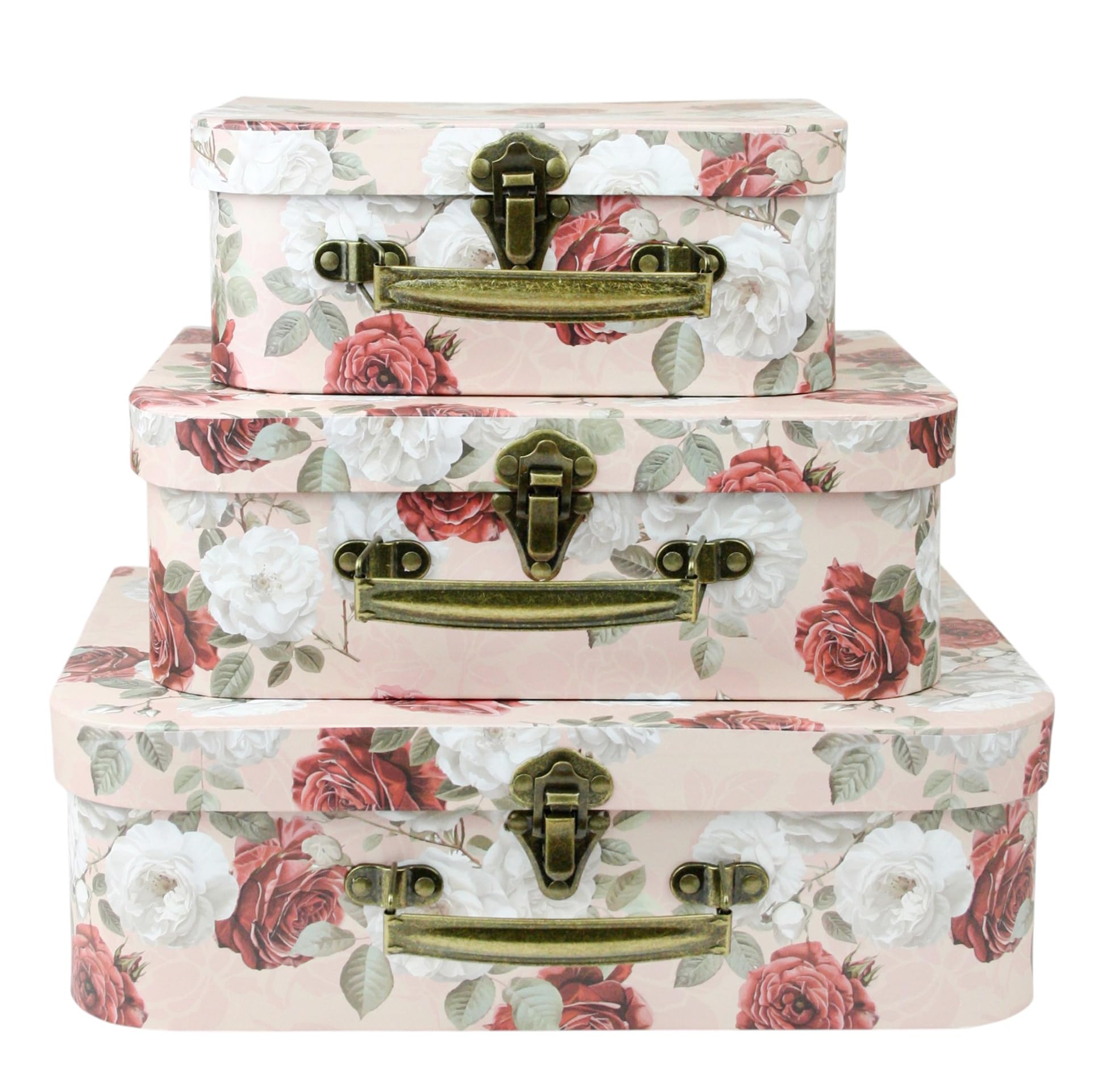 Emartbuy Suitcase Gift Box Set of 3- Metal Handle Clasp- Pink Roses - S|M|L