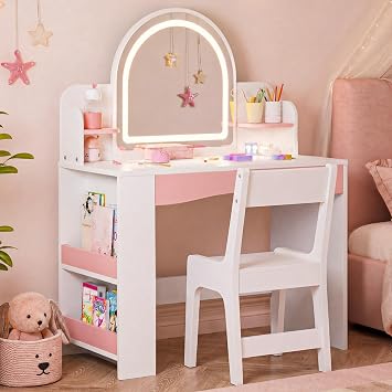 Teckid Kids Vanity Table and Chair Set with Lighted USB Mirror & Shelf