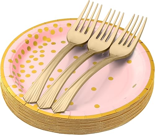 Platos de papel y tenedores de cumpleaños, 25 platos de postre de papel de 7 pulgadas y 25 tenedores de plástico de 6.3 pulgadas, platos de papel