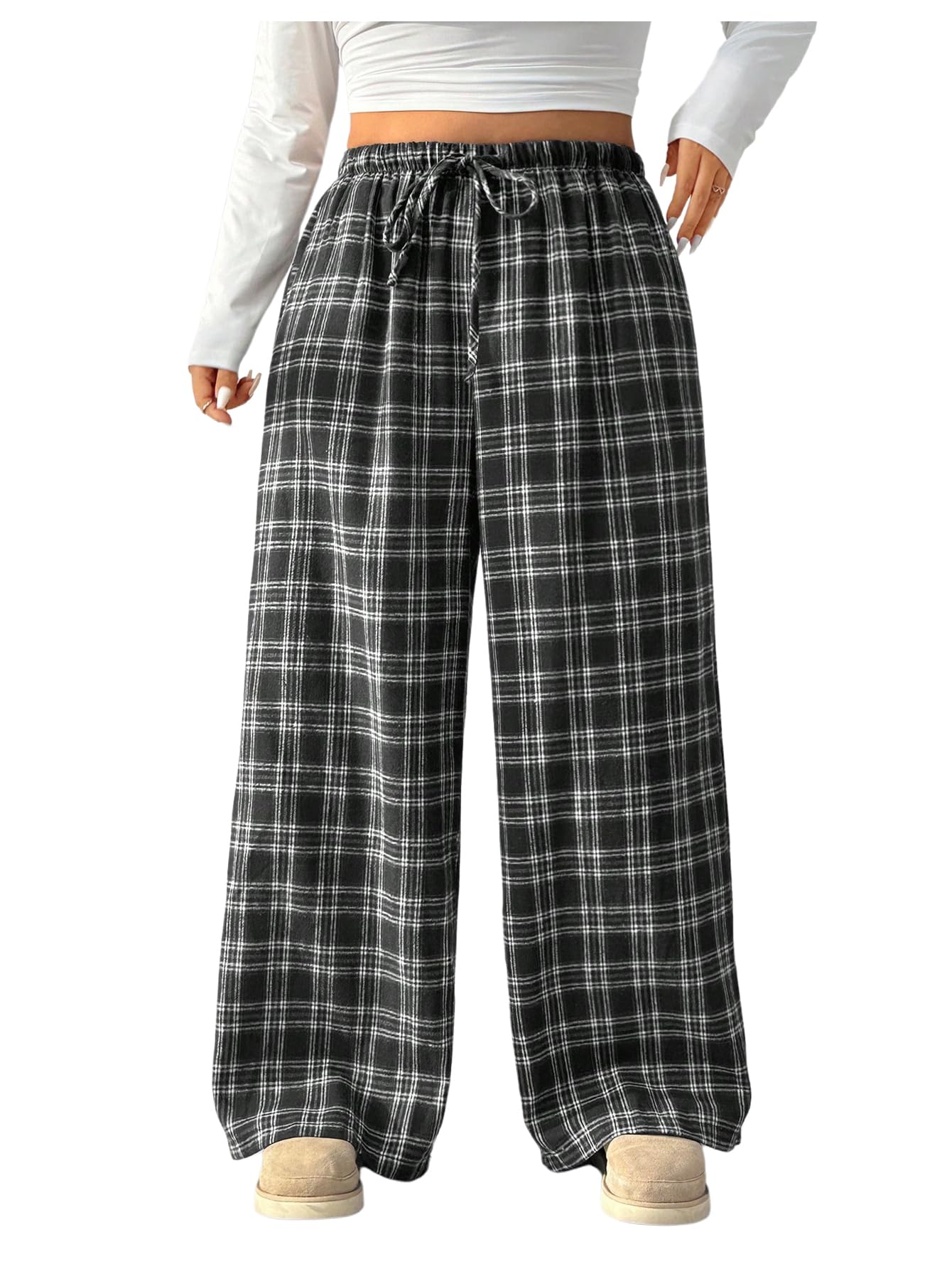 SHENHE Womens Plus Size Wide Leg Plaid Pants Drawstring Waist Y2k Loose Lounge Baggy Trousers