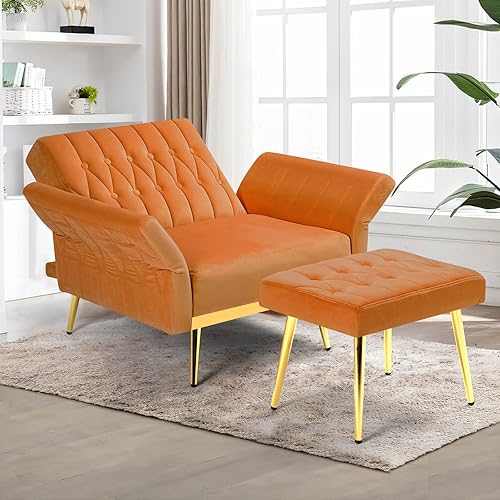 Miniatura 9 de Lesofair Silla decorativa de terciopelo con respaldo y reposabrazos ajustables, sillón reclinable individual con otomana y patas mentales doradas