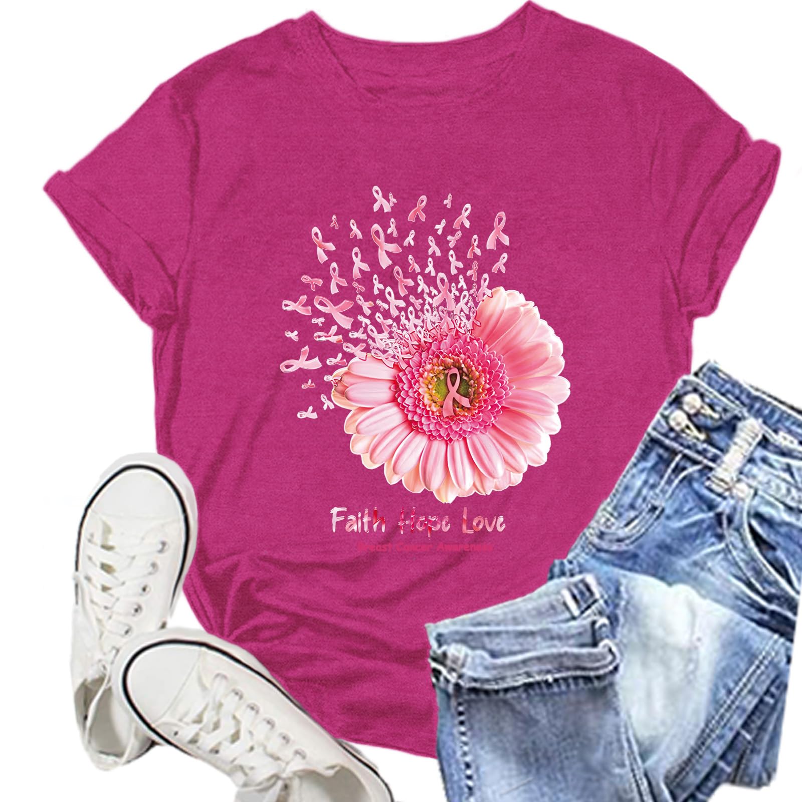 NEWKA Breast Cancer Shirts for Women Sunflower Pink Ribbons T-Shirt Breast Cancer Awareness Tee Tops