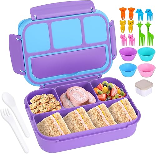 Lonchera Bento para niños y niñas, lonchera Bento para adultos con 4 compartimentos, recipientes de almuerzo con utensilios, tarro de salsa, forros