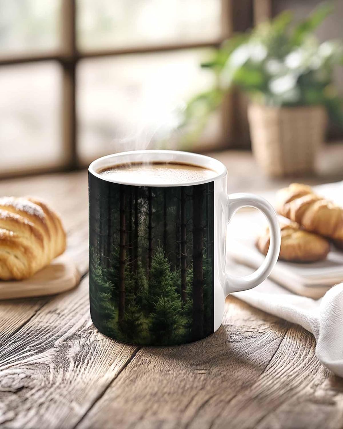 BEMIGO Ceramic Coffee Mug Pine Trees Green Ceramic Mug White Cup, Summer Forests Insulated Coffee Cup with Handle with Pattern Perfect for Tea and Hot Beverages, 12oz