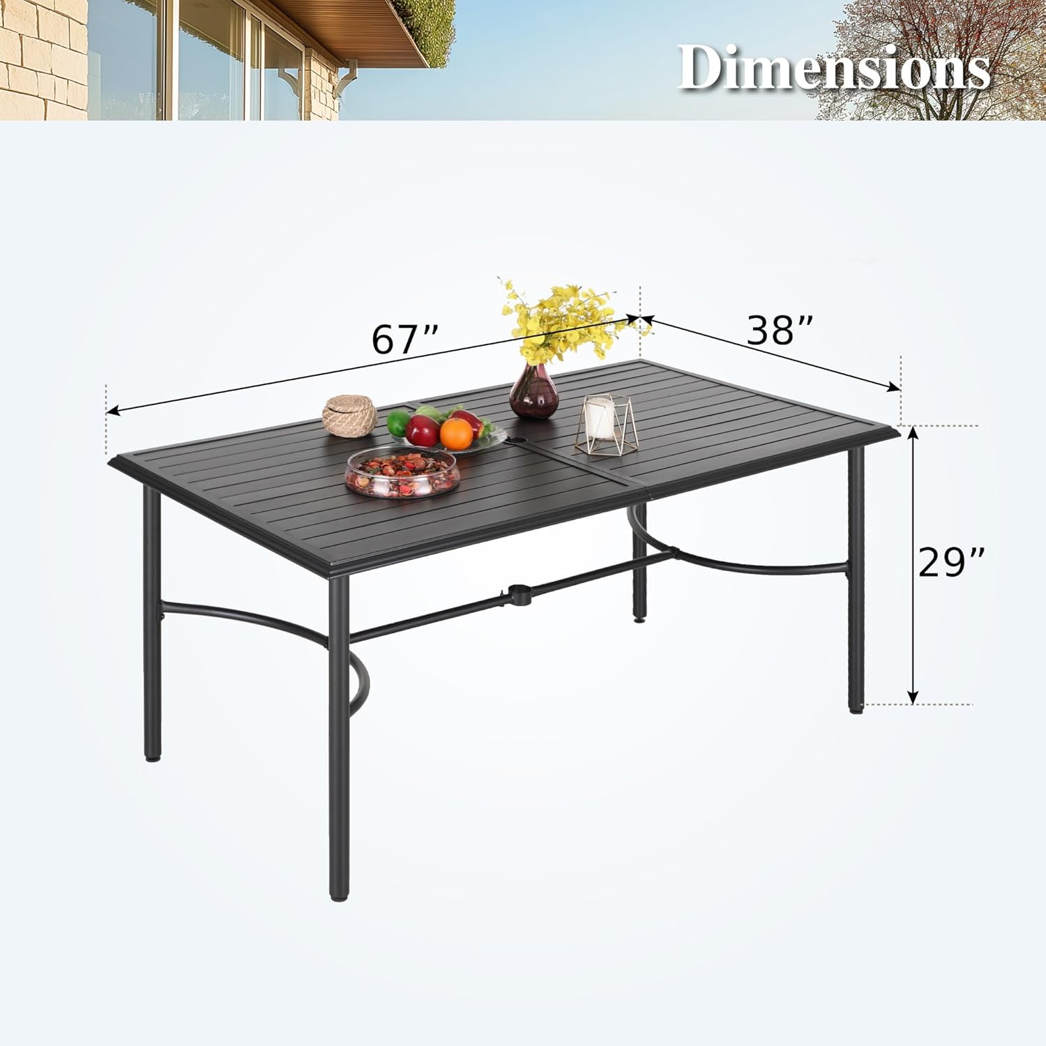 HERA'S HOUSE 67" Patio Table with Umbrella Hole for 6, Extra Large Rectangle Metal Outdoor Dining Table for Backyard Garden Lawn, Black