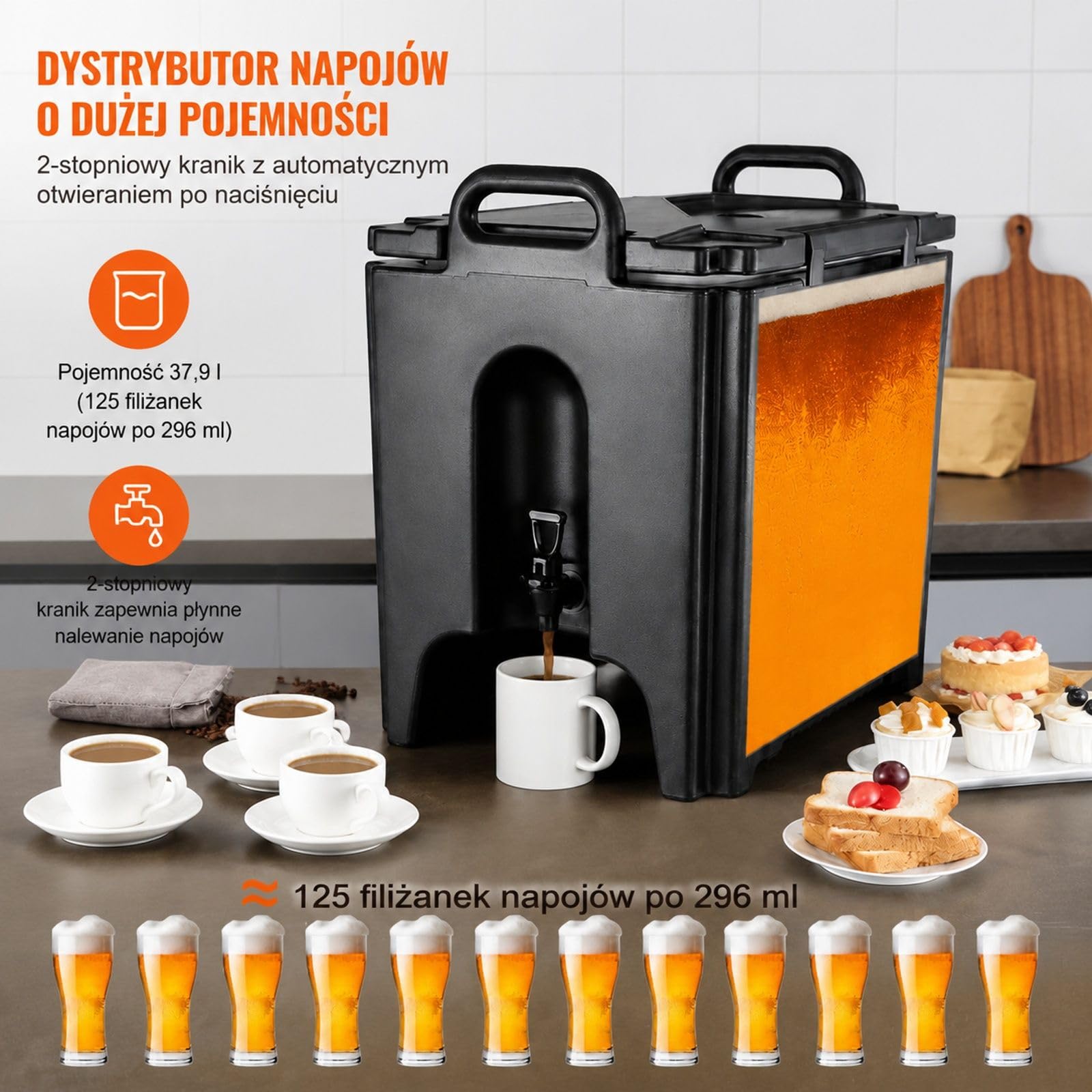 Dozownik napojów 37,6 l z LDPE, czarny pojemnik z kranikiem i uchwytami do kawy, mleka, wody i soku