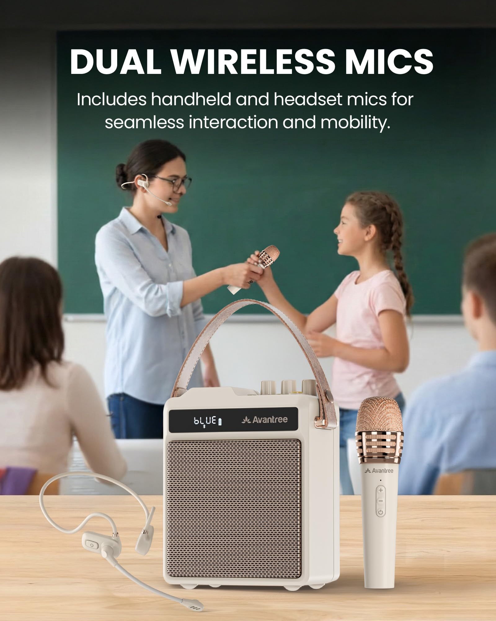 Avantree VoxAmp Duo - Tragbarer Kabellose Sprachverstärker, Doppeltes Mikrofon Und Lautsprecher Set Für Unterricht, Kleine Veranstaltungen & Partys, 30W Klare Stimme & Reicher Klang, 14H Akku