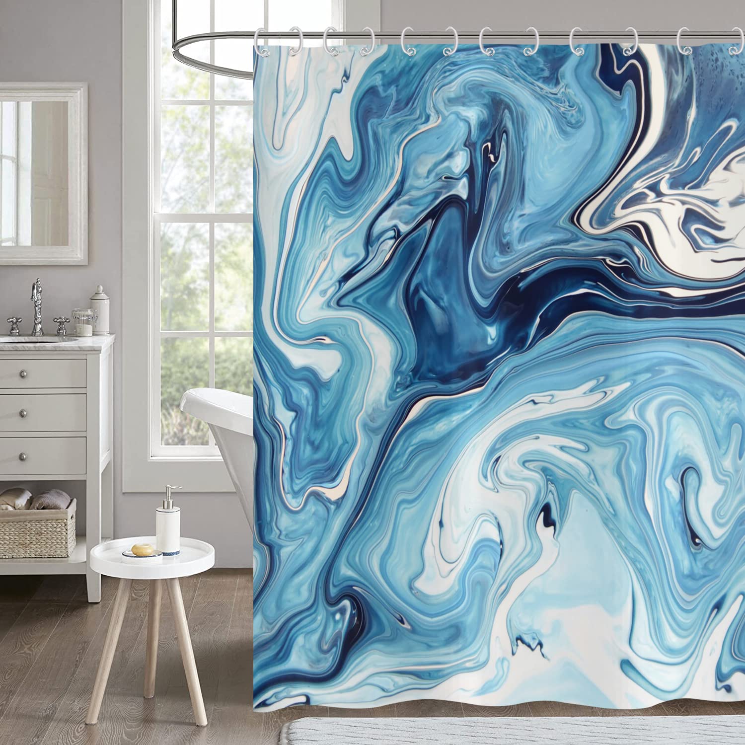Marble Shower Curtain 120x180, Hnmdmyi Blue Shower Curtains Abstract Modern Luxury Watercolor Art Decorative Bathroom Curtains with Hooks Waterproof Polyester Fabric Washable Bath Curtain for Wet Room — image 1