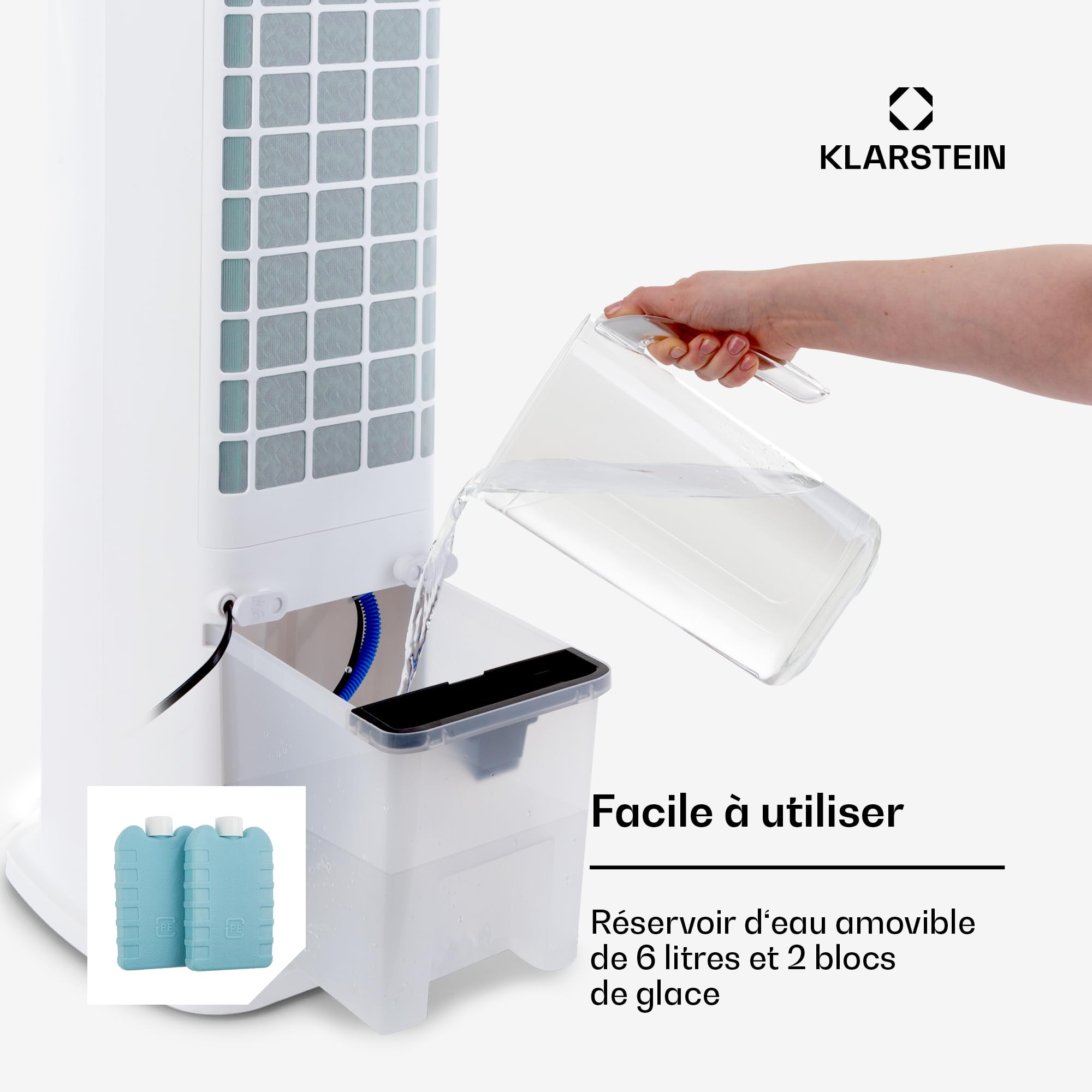 Klarstein Rafraichisseur d'Air 4 en 1 Climatiseur Portable, App Mobile, Humidificateur, Ventilateur, Ioniseur, Climatiseur Mobile Sans Évacuation, Pack Glacons, 60W, Puissant Débit d'Air 450m³/h, 6L