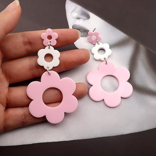 Miniatura 7 de Aretes acrílicos de flores para mujer, aretes colgantes de doble margarita, aretes florales de flores de resina para mujer, aretes Y2K de flores