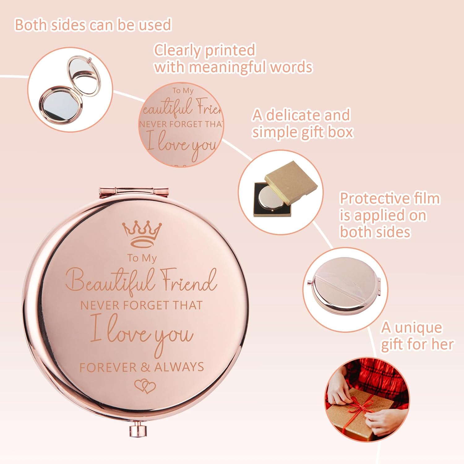 Best Friend Birthday Gifts Compact Mirror, To My Beautiful Friend Rose Gold Compact Mirror for Purses, Mini Pocket Mirror Gifts for Best Friend, Christmas Graduation Friendship Gifts for Women