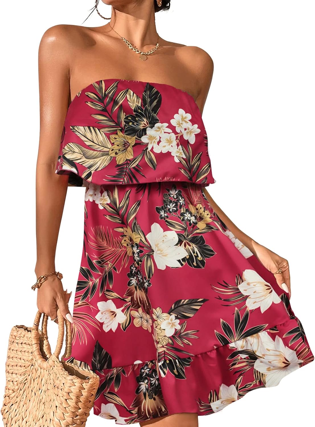 Women Beach Sun Dresses Tropical Summer Casual Ruffle Hem Strapless Tube Dress