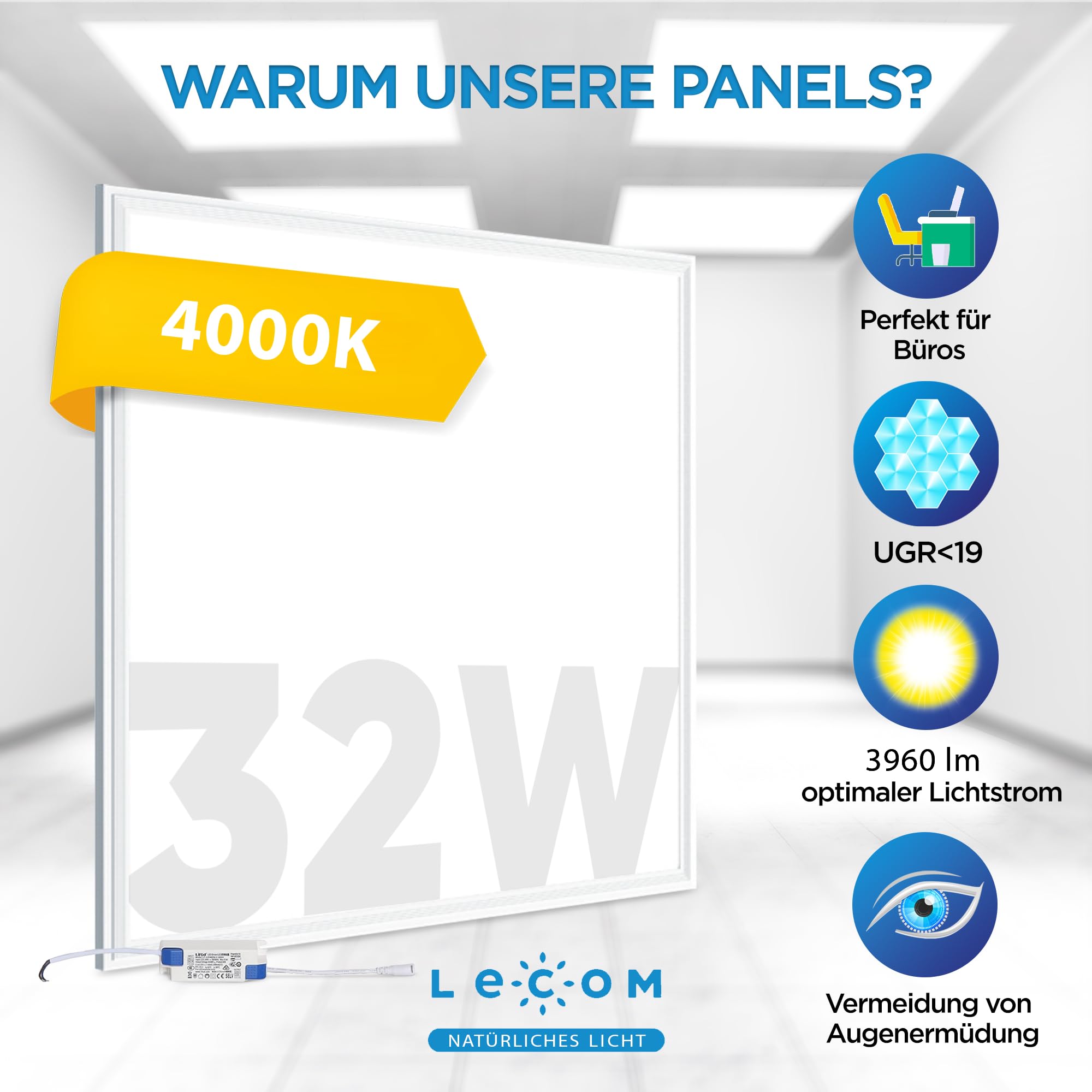 LECOM LED Rasterleuchte Neutralweiß UGR19 CRI90 3960lm Büro Arbeitsplatzleuchte