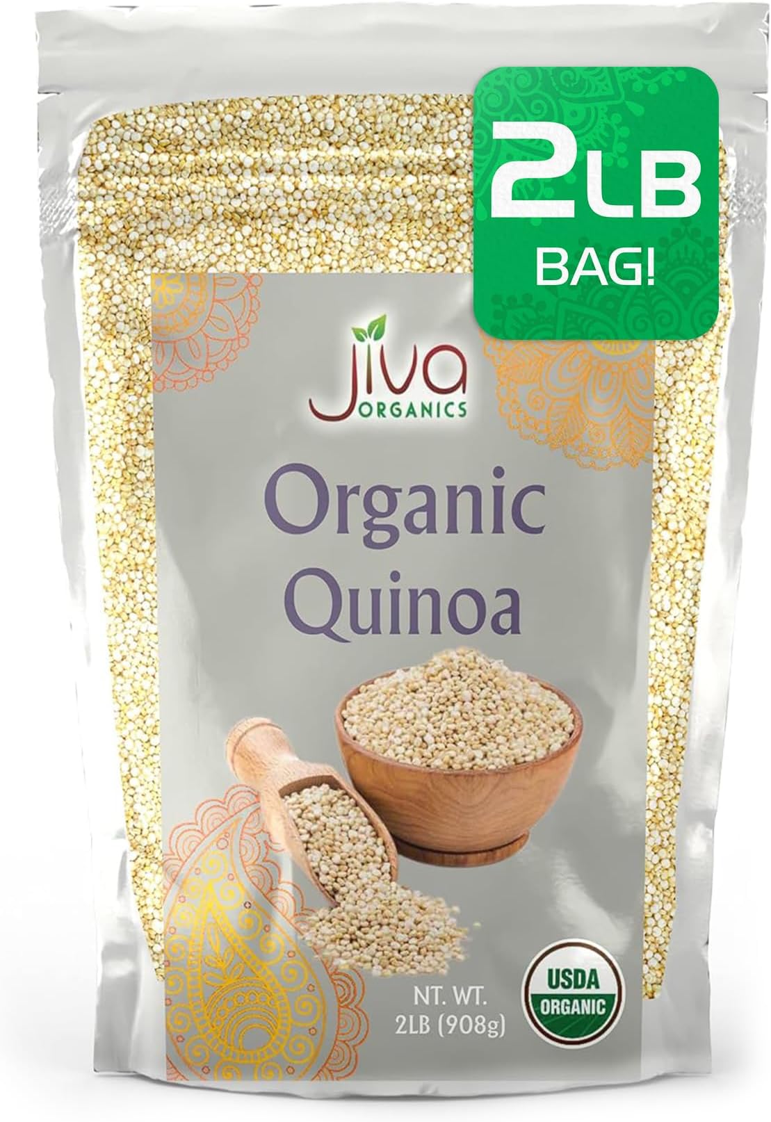 Jiva Organic White Whole Grain Quinoa 2 Pound Vacuum Sealed Bag - Ready to cook, Grown in India