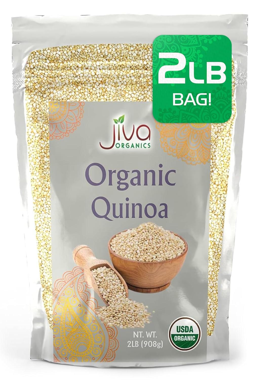 Jiva Organics USDA Organic White Whole Grain Quinoa 2lb Vacuum Sealed Bag - Grown in India, Cooks in 15 Min