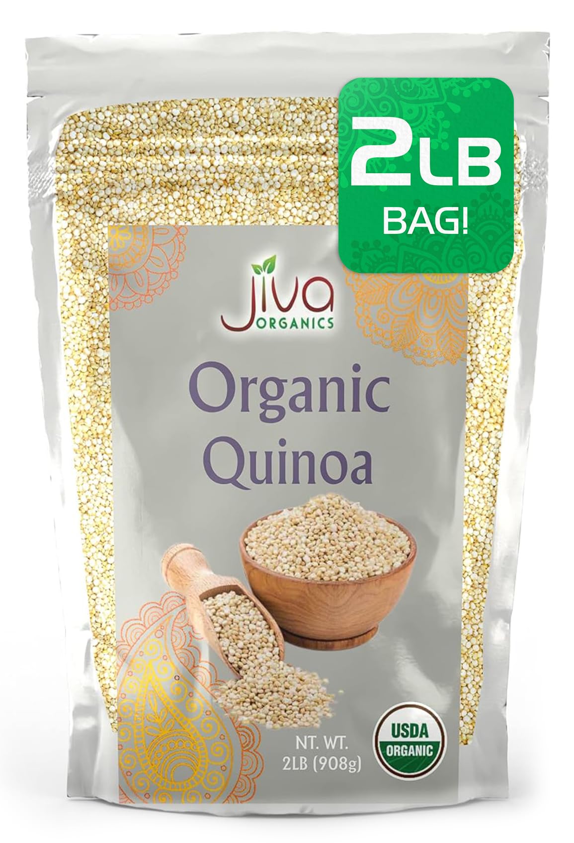 Jiva Organic White Whole Grain Quinoa 2 Pound Vacuum Sealed Bag - Ready to cook, Grown in India