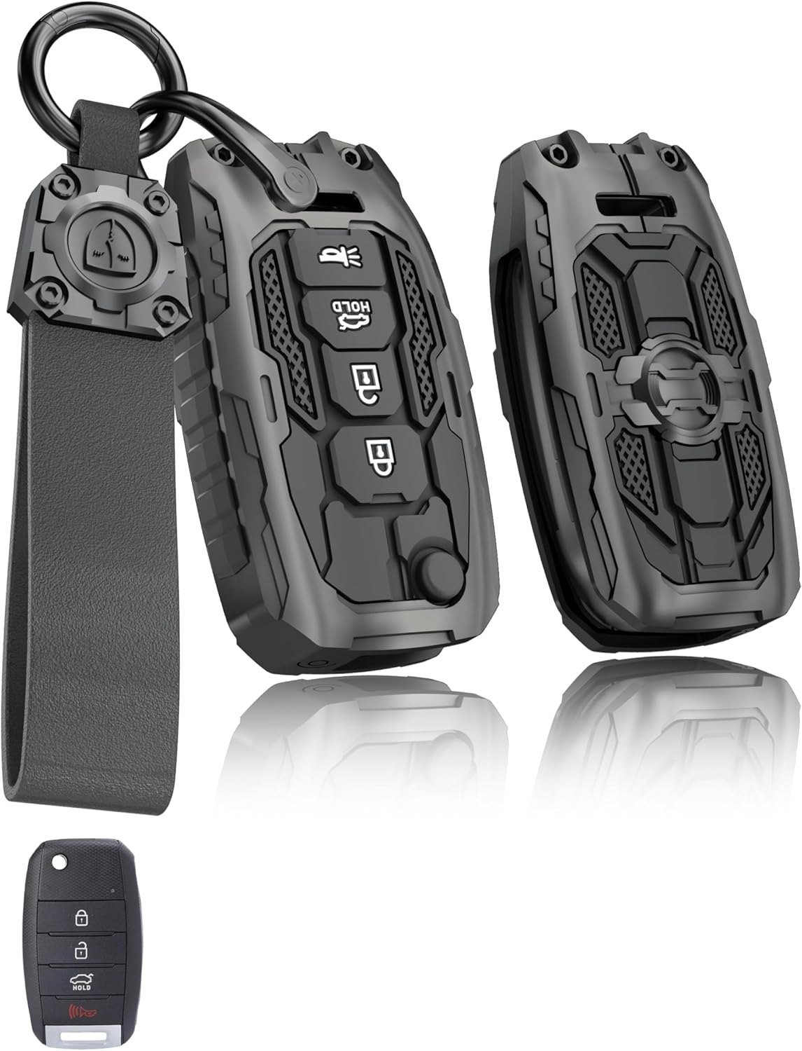 for Kia Key fob Cover,Heavy Car Key Case Protector Compatible with Kia Optima Rio Sedona Soul Sportage Sorento Carens 4 Buttons Smart FILP Key (Black)