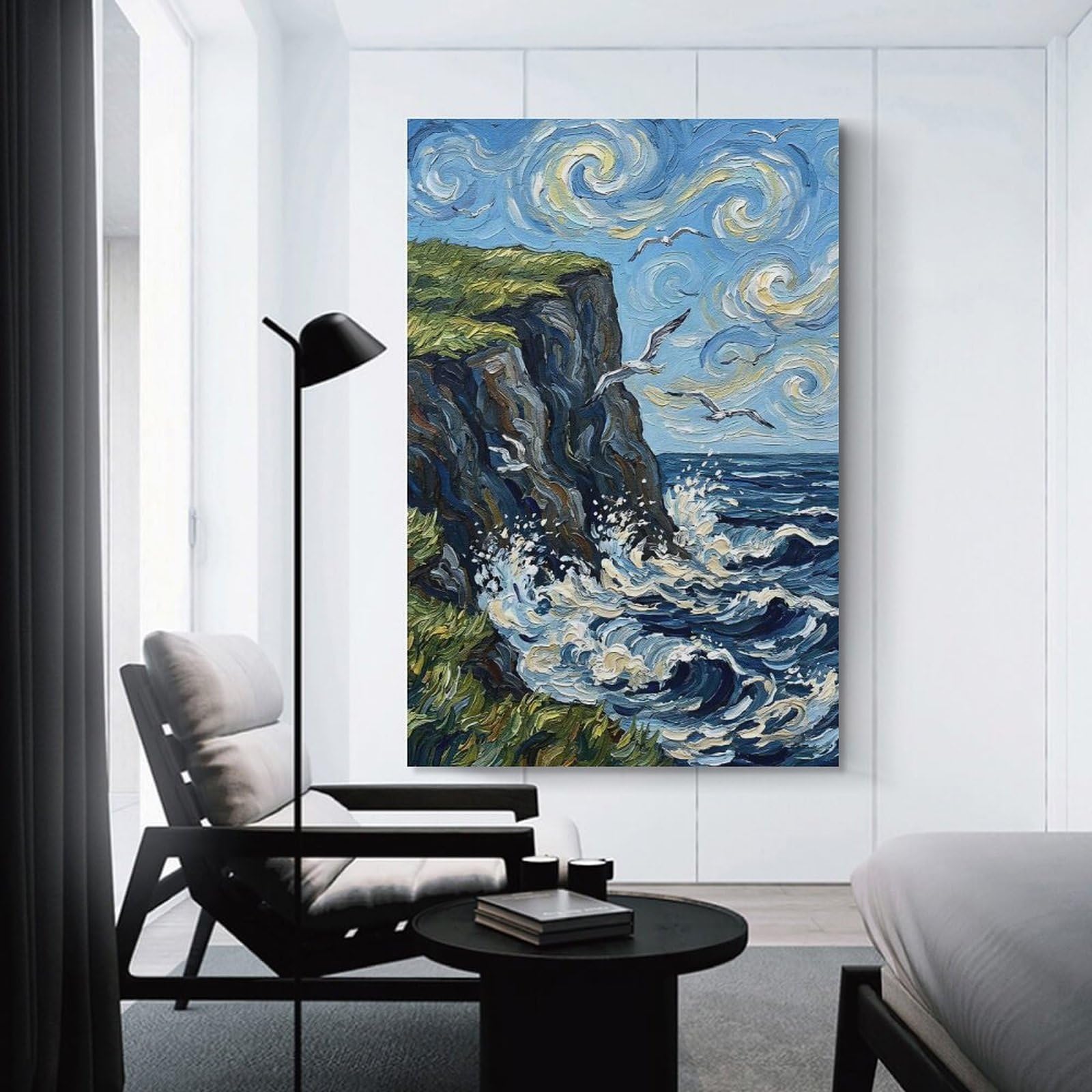 Junmoney Coastal Cliff with Seagulls Painting Decorative Canvas Print, 20x30inch(50x75cm), for Home, Office, Studio Or Guest Room, Canvas Wall Art That Fits Changing Layouts
