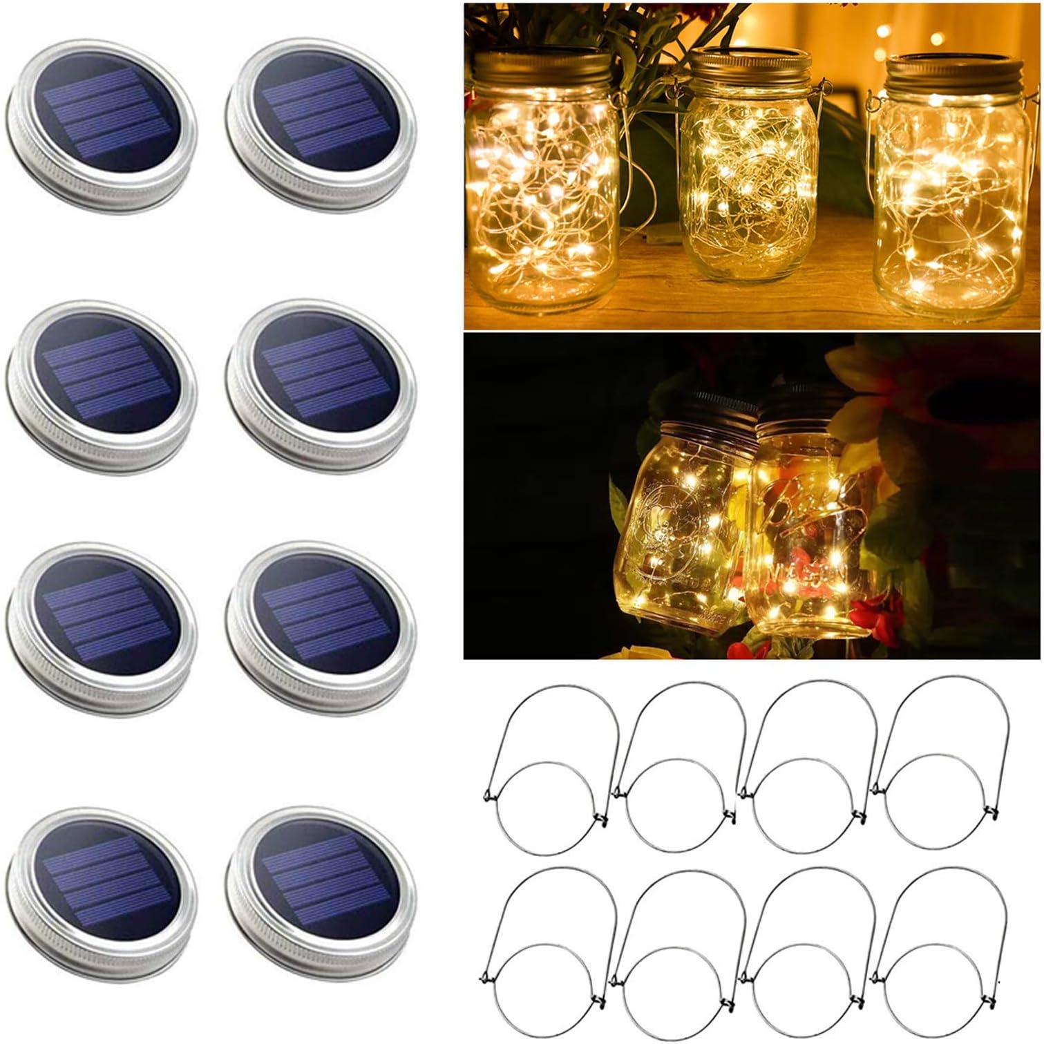 8 Pack Solar Mason Jar Lights, 30 LED Warm White Solar Fairy String Lights Lids with 8 Hangers(Jars Not Included), Best for Mason Jar Decor,Outdoor Lawn Patio Garden,Party,Christmas